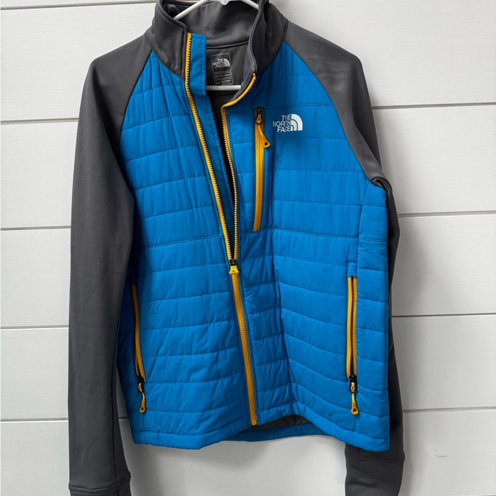 The North Face Blue and Charcoal Jacket with Yellow Zippers